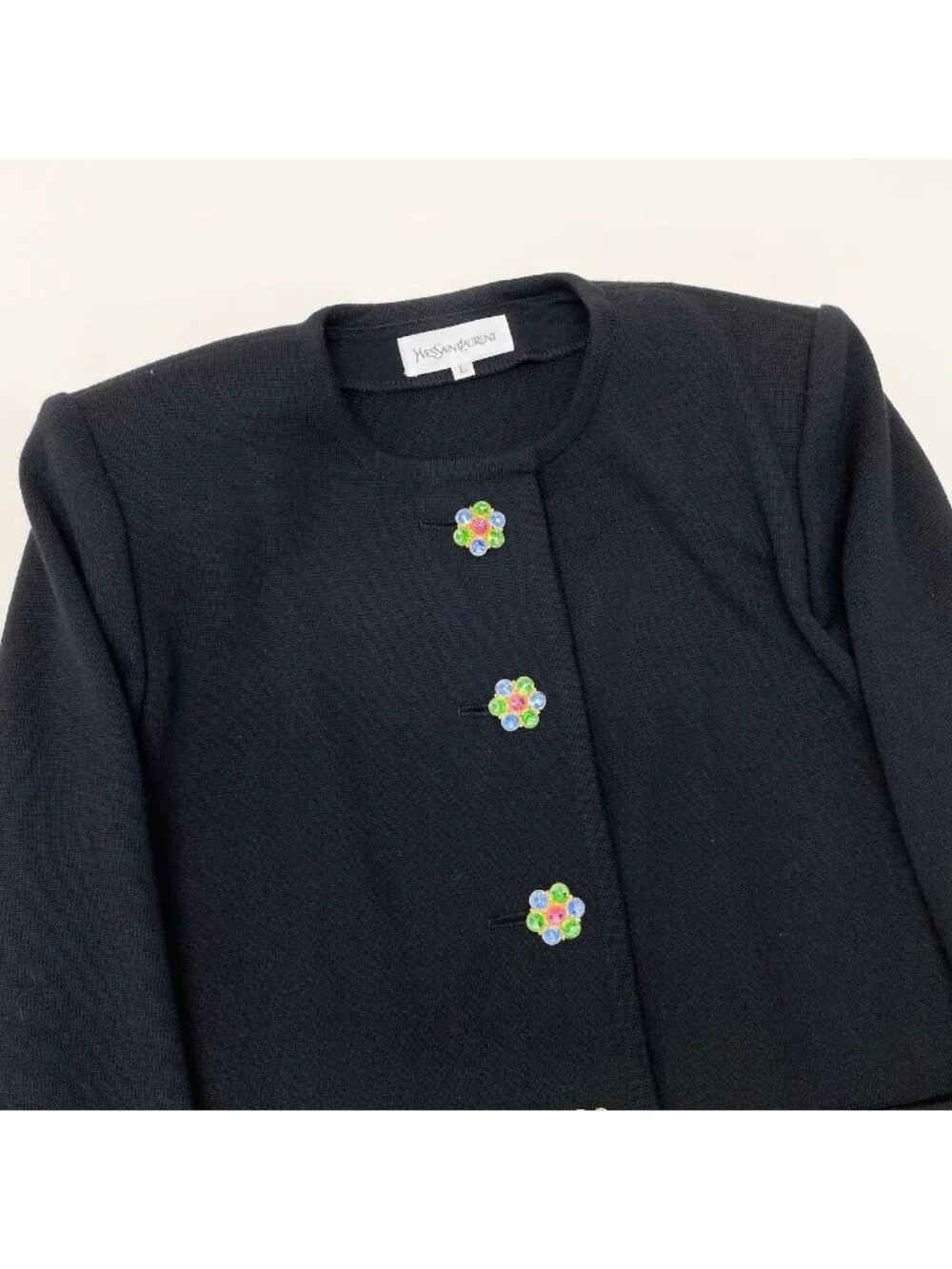 Saint Laurent Bijou Button Collarless Knit Jacket Black Wool
